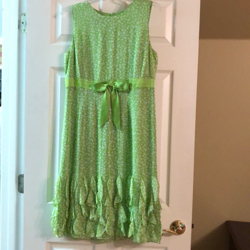 Lime Green Silk Dress with Green Ribbon Belt EUC